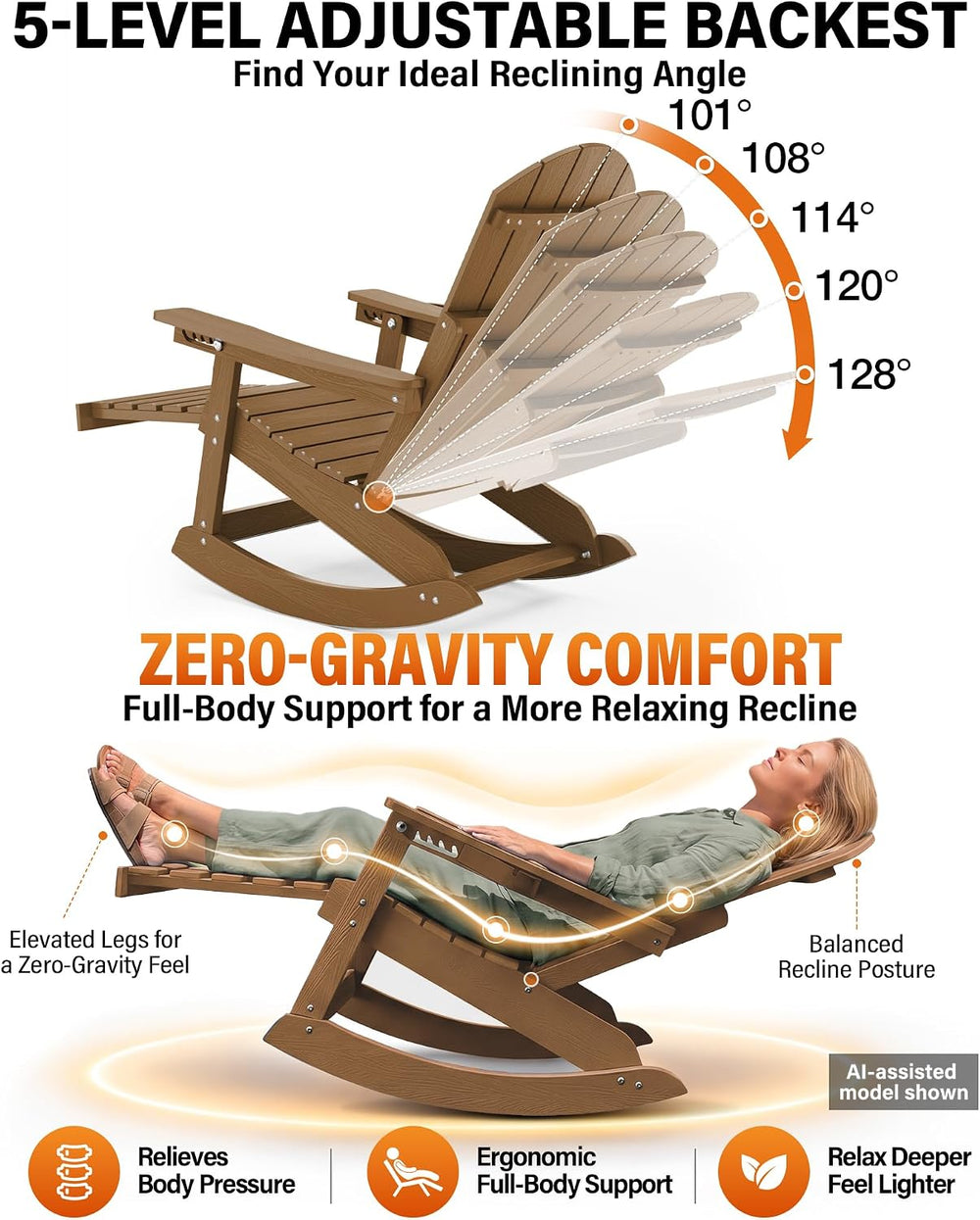 YEFU Adirondack Rocking Chairs Set of 2, with Footrest, 5-Level Adjustable