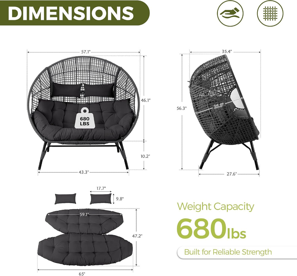 RADIATA Double Egg Chair Outdoor, 2 Person Wicker Patio Lounge Loveseat