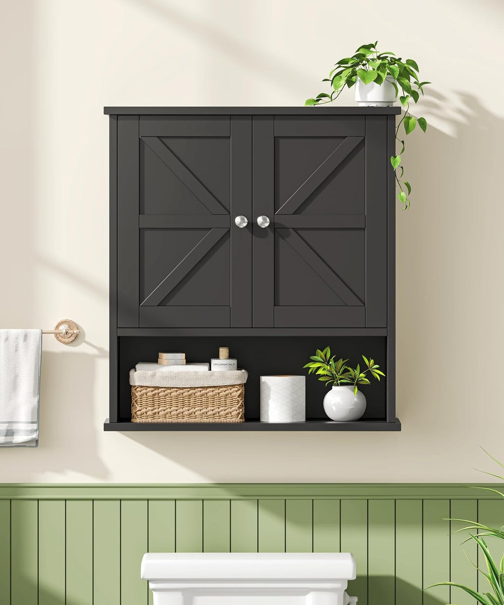 Black Bathroom Wall Cabinet with Adjustable Shelf & Barn Doors