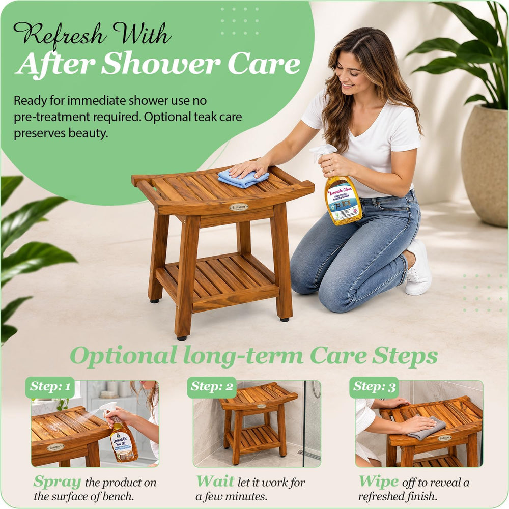 EcoDecors 18" Teak Shower Bench with Shelf & Handle Solid Teak Showe...