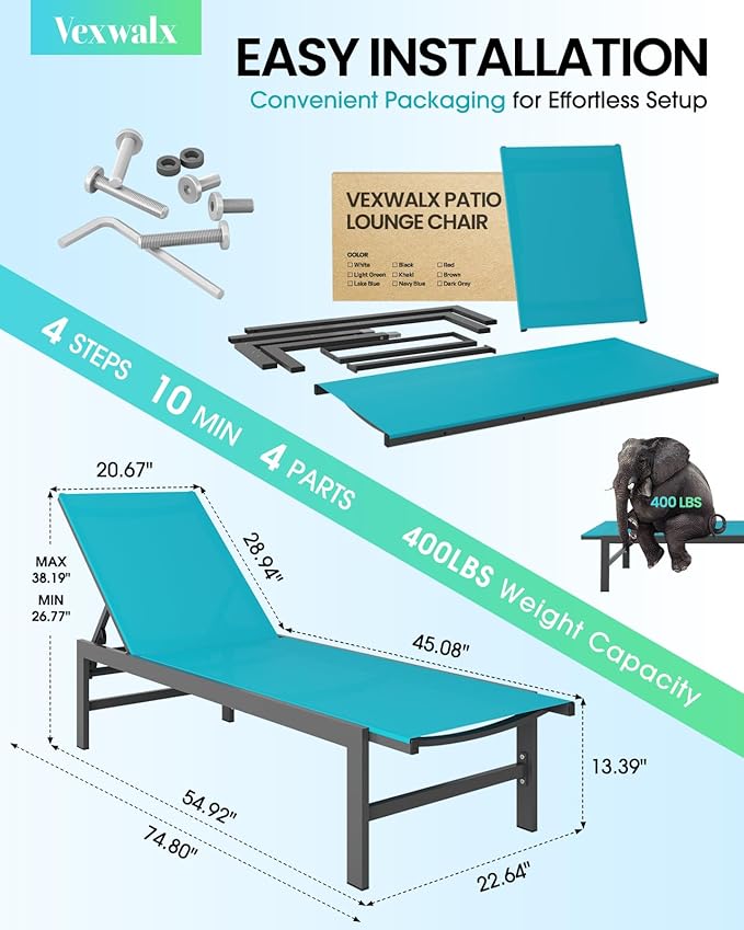 Outdoor Lounge Chair for Pool, Aluminum Chaise Lounge Chairs with 5-Position ...