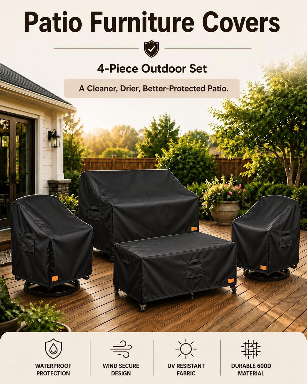 Patio Furniture Set Covers Waterproof Outdoor, 4-Piece Set, 600D Heavy Duty