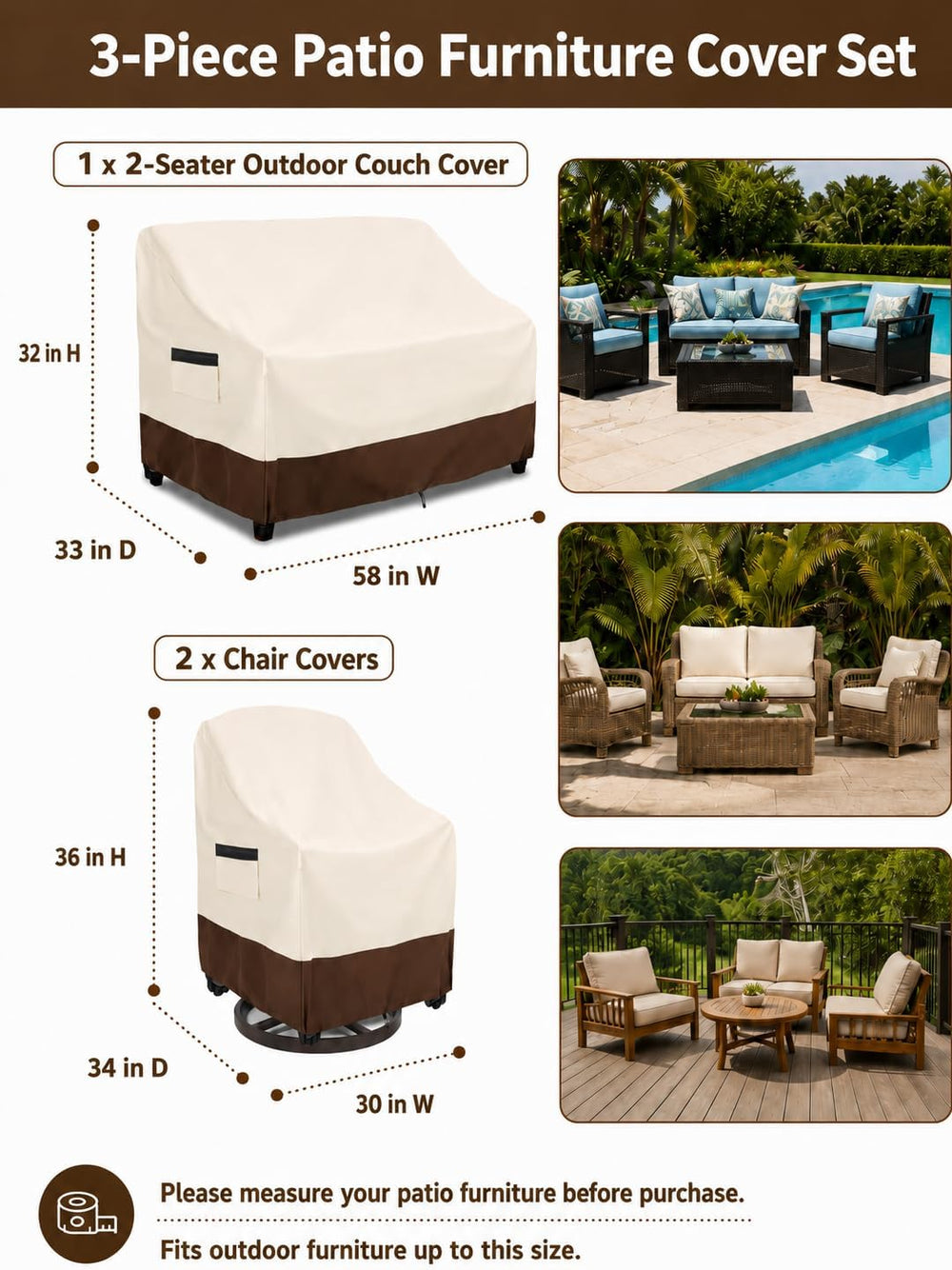 Patio Furniture Covers 3 Piece Set 2 Swivel Chair Covers + Loveseat Cover