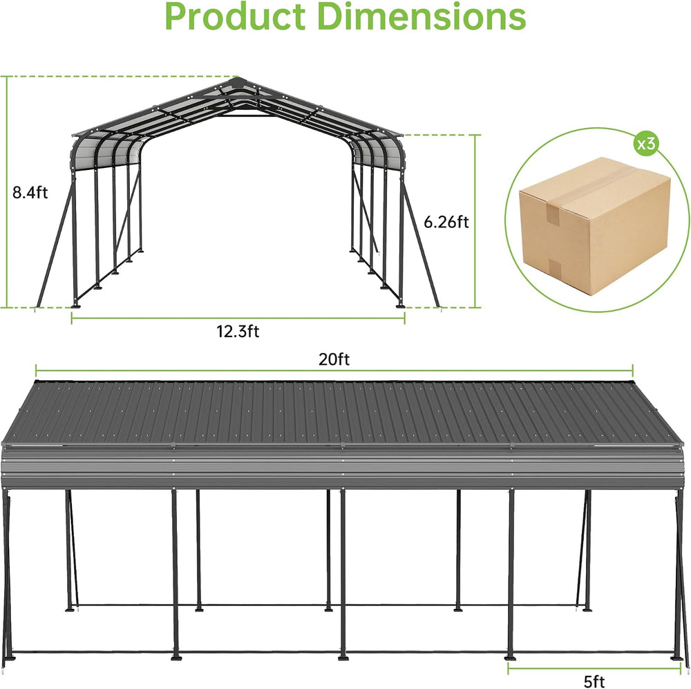 12x20 FT Updated Galvanized Steel Roof Metal Carport, Gray
