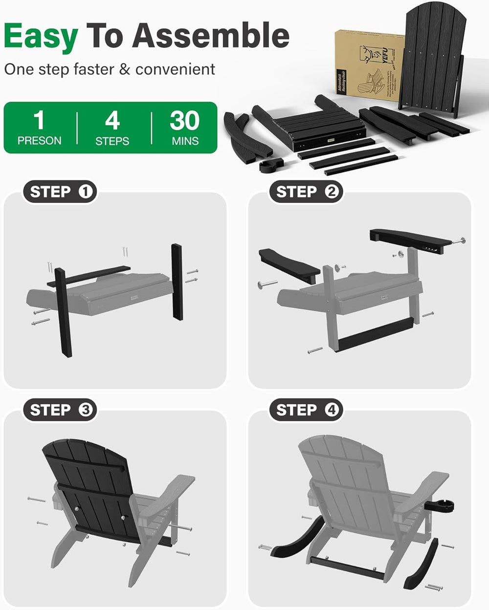 YEFU Adirondack Rocking Chairs Set of 2, with Footrest, All-Weather, Black | ...