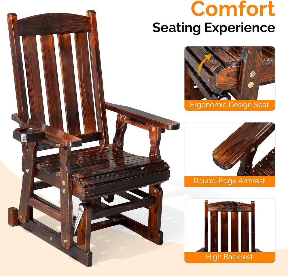 VINGLI Wooden Patio Glider, Heavy Duty 600 LBS Outdoor Glider with Cup Holder...