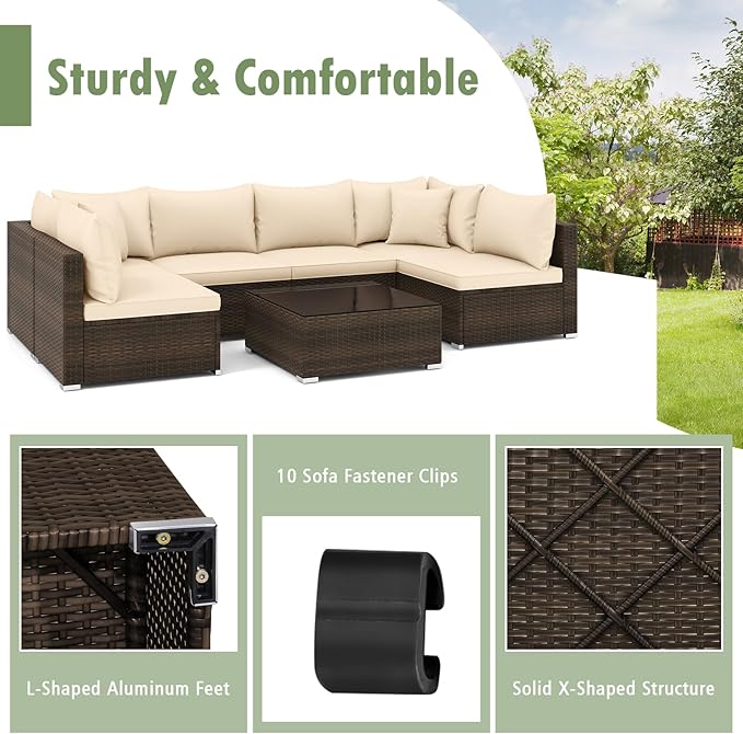Tangkula 7 Pieces Wicker Patio Furniture Set, All-Weather Outdoor Rattan Sect...