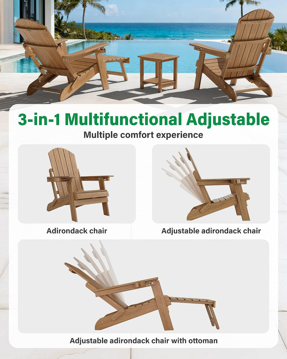 YEFU Adjustable Adirondack Chair with Footrest,All-Weather, Set of 2,Walnut
