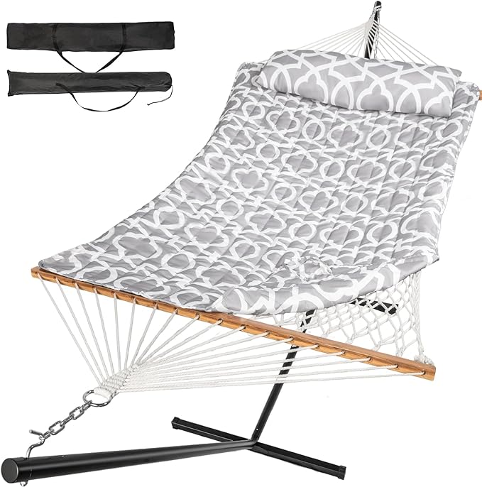 2 Person Outdoor Hammock with Stand, Cotton Rope Hammock with Polyester Pad, ...