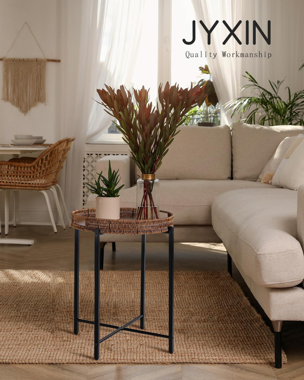 16.5in Round Rattan Side Table with Wooden Top, Small Wicker End Table
