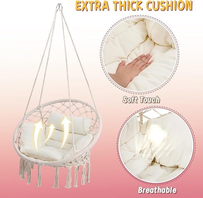 Macrame Hammock Hanging Swinging Chair with Medium Cushion, Perfect for Bedro...