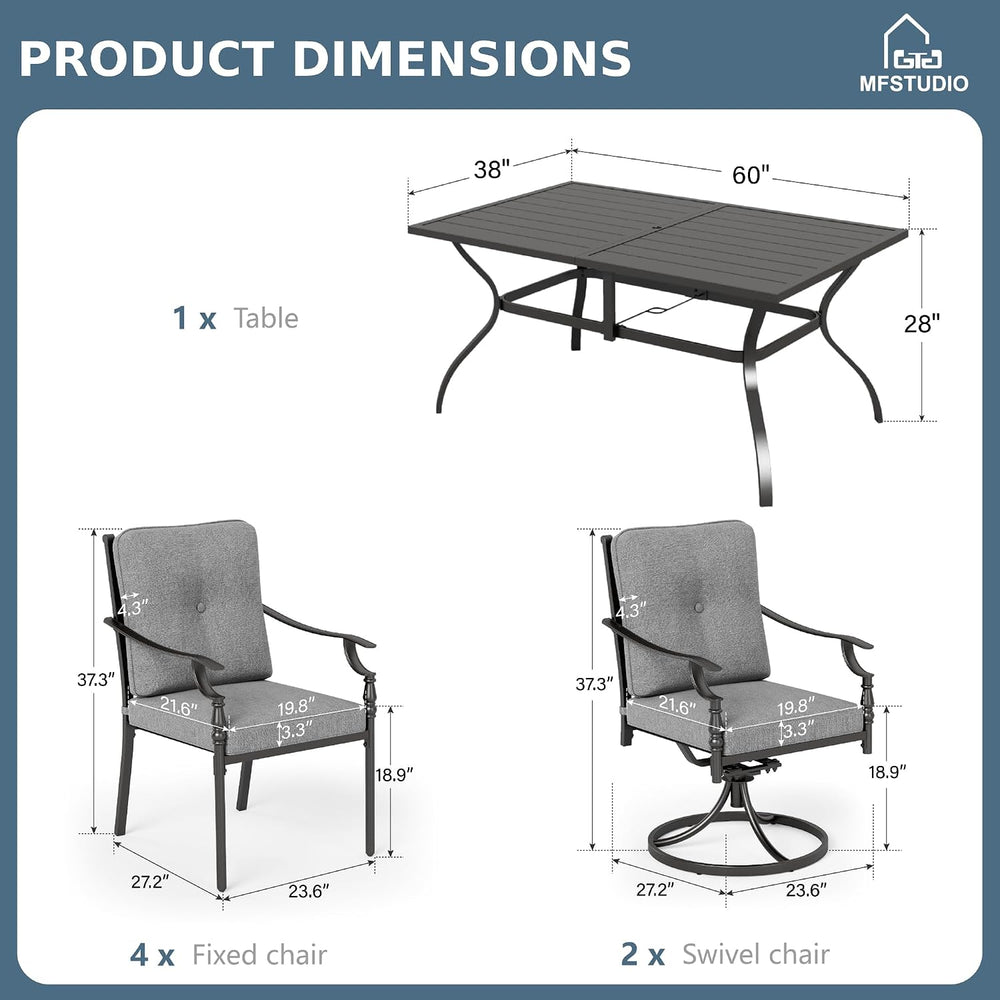 MFSTUDIO Outdoor Dining Set for 6, Rectangle Metal Table & Swivel Chairs