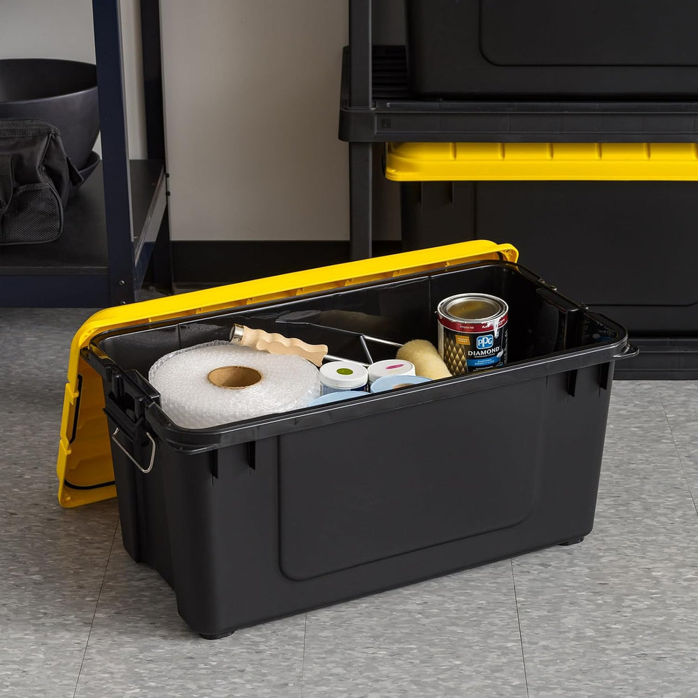 IRIS USA 4-Pack 21 Gal Heavy Duty Lockable Storage Totes, Black/Yellow