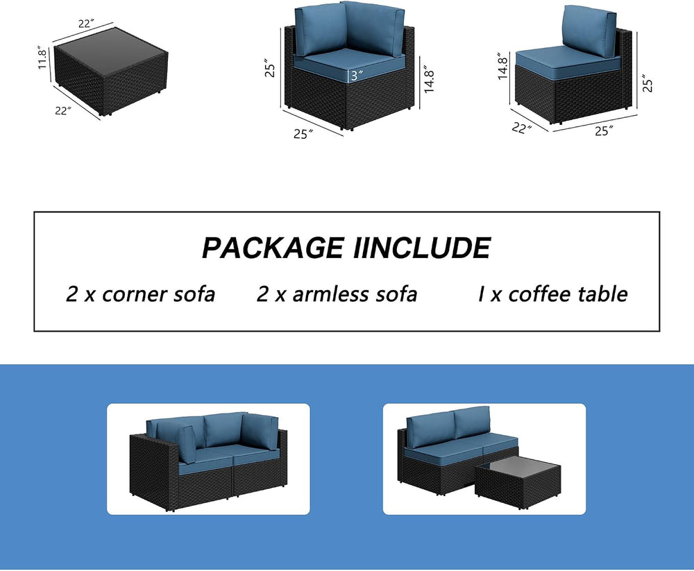 5 Piece Outdoor Patio Furniture Set with Black PE Rattan, Navy Blue