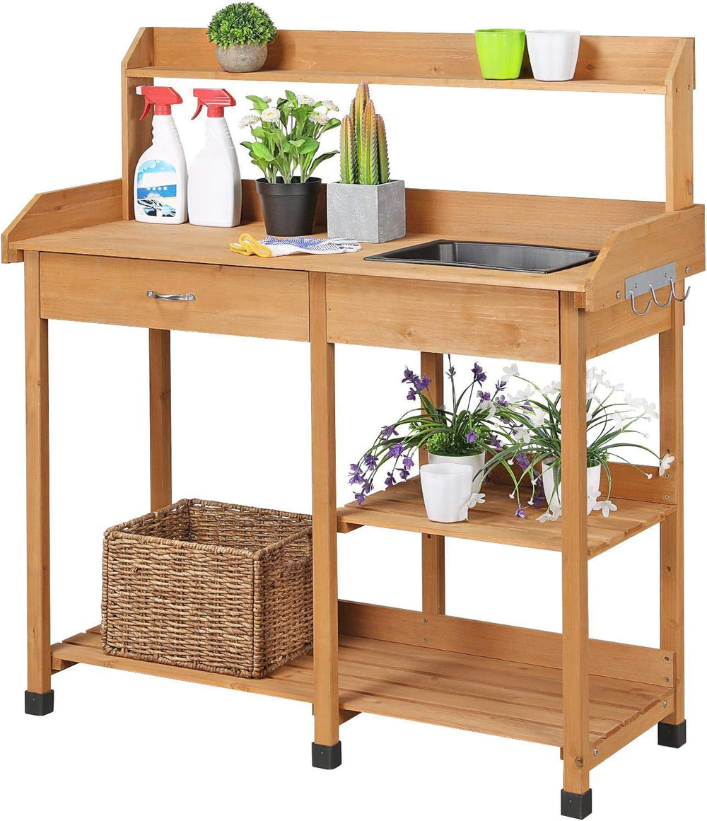 Yaheetech Potting Bench with Sink & Drawer, Outdoor Gardening Table, Wood