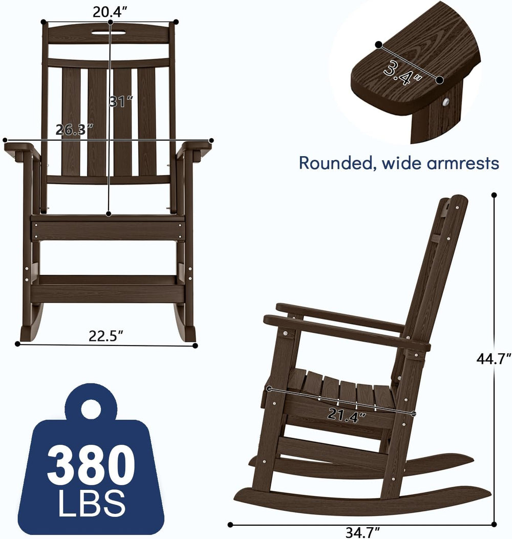 Plawdlik Oversized Outdoor Rocking Chair, All-Weather Patio Rocker, Coffee