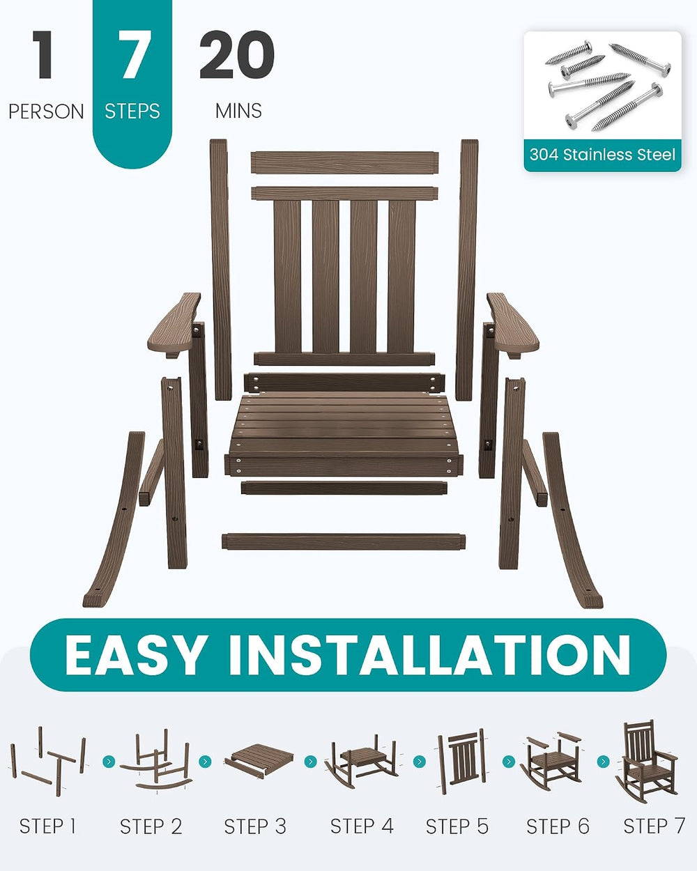 SERWALL Outdoor Rocking Chair Set of 6, Oversized Rocker for Adults, Coffee