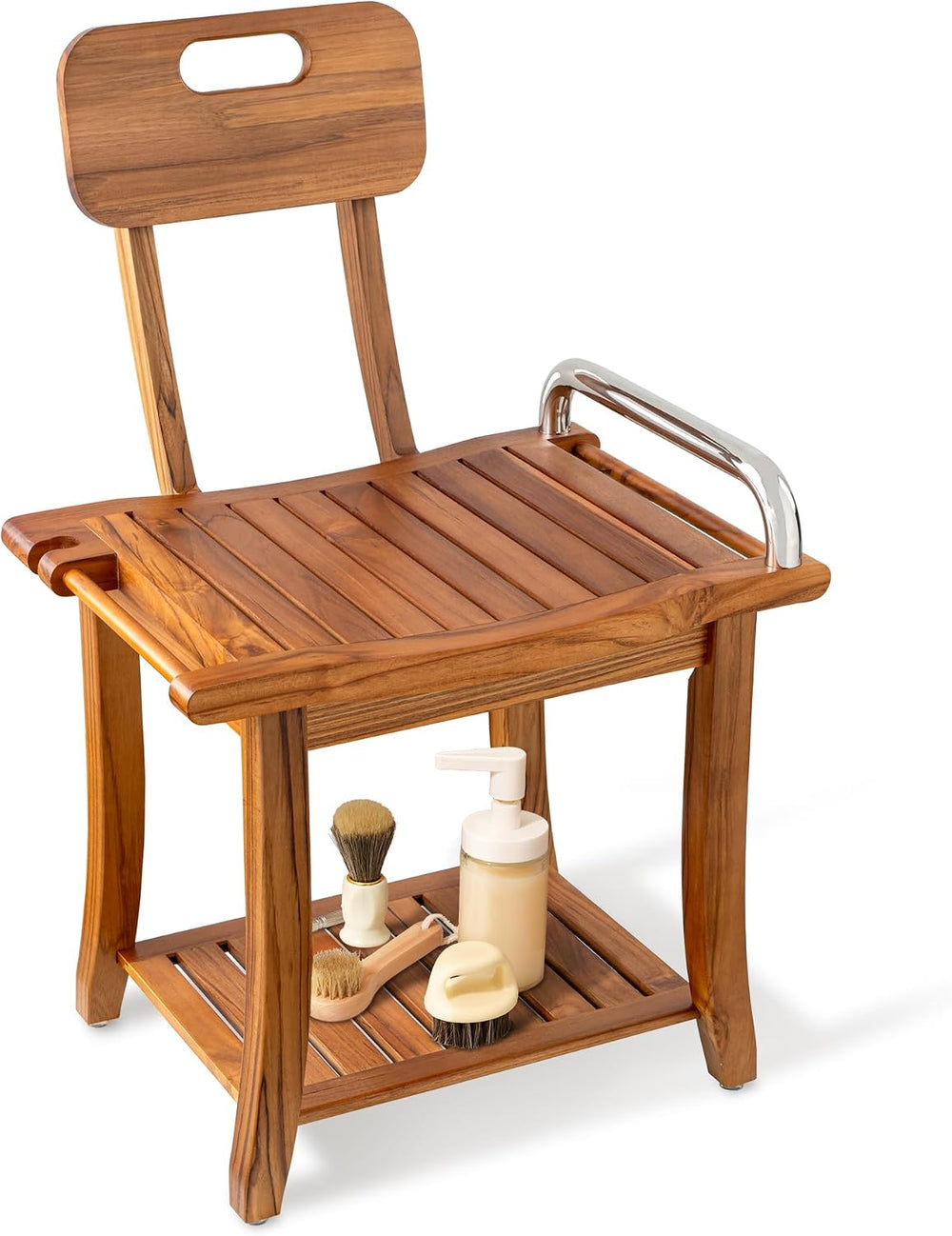 Teak Shower Bench Seat with Handles and Backrest, 19" Solid Wood Shower ...