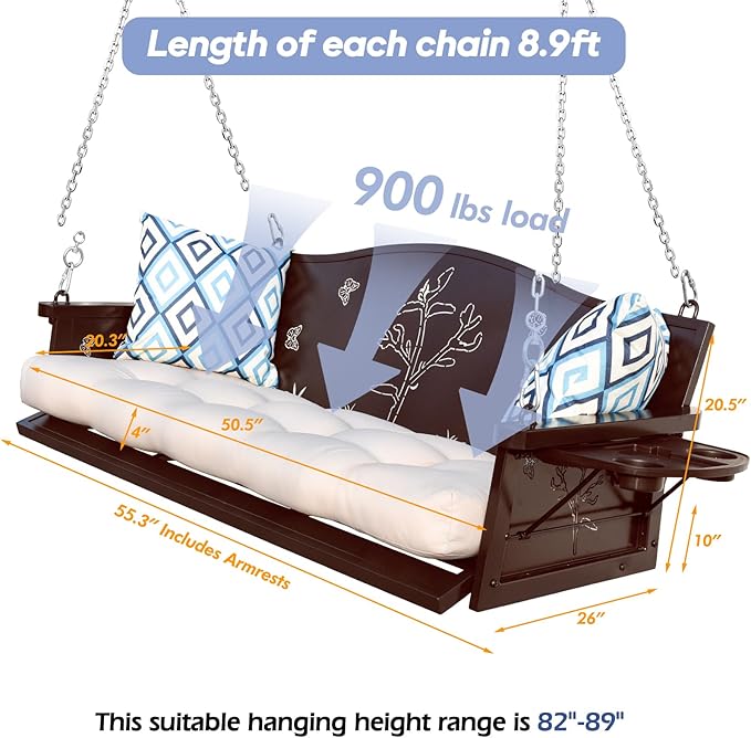 3-Seat Metal Porch Swing 900 LBS Heavy Duty Hanging Bench with Upgraded Tray ...
