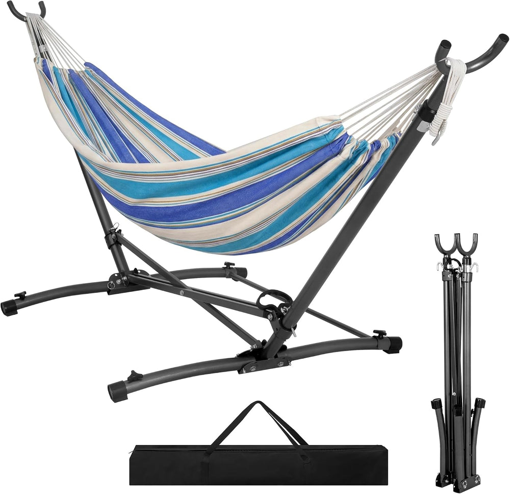 Portable Hammock with Folding Hammock Stand, Blue Stripes