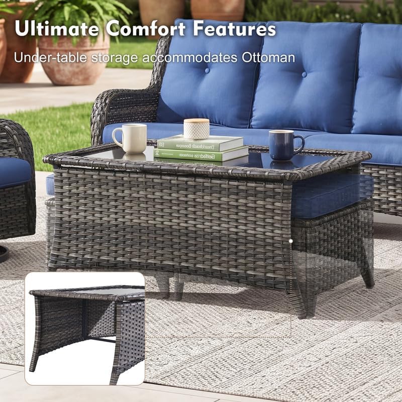8 Piece Outdoor Wicker Conversation Set Furniture with Swivel Chairs, Blue