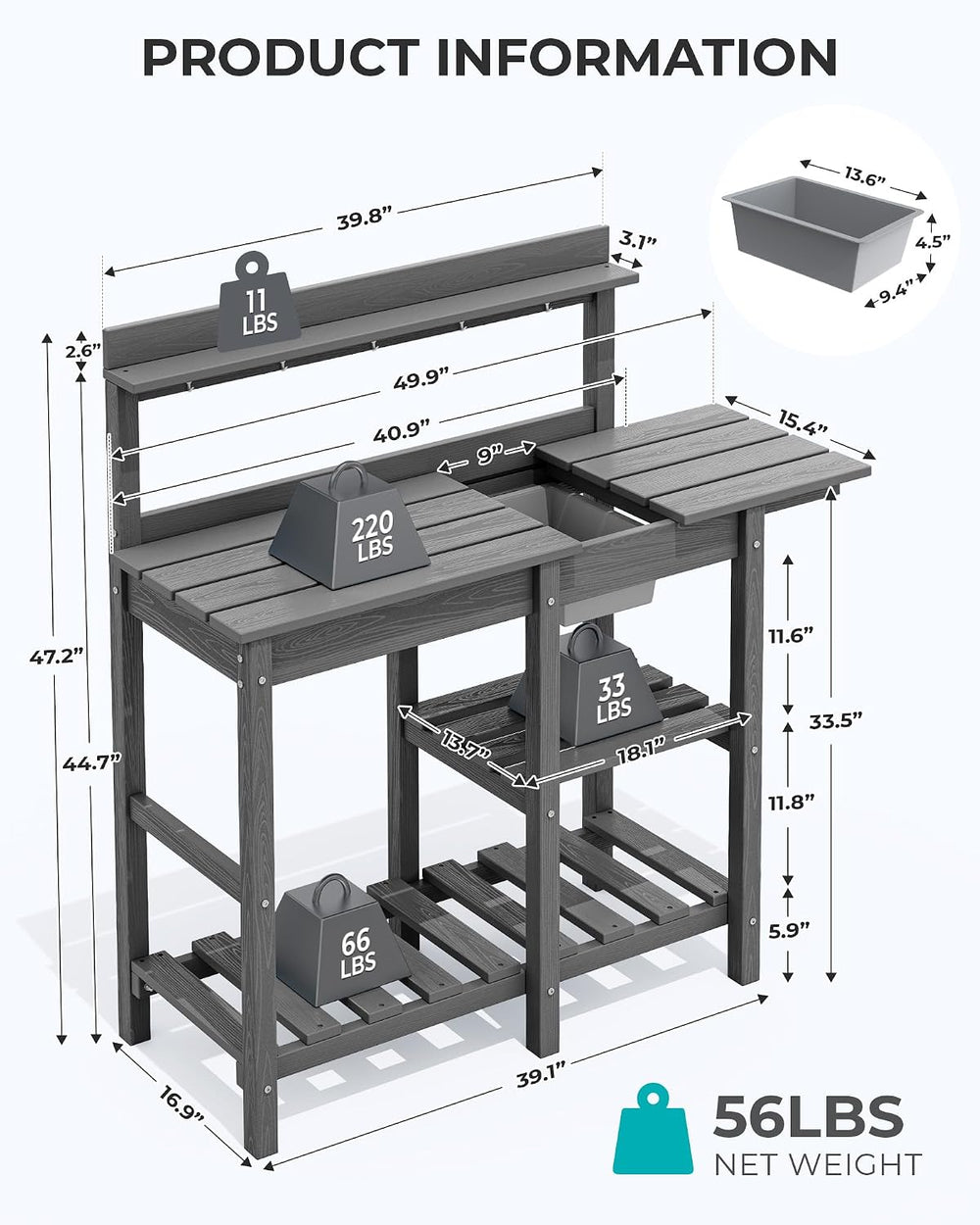 SERWALL Outdoor Potting Bench with Removable Sink,Gardening Table,Grey