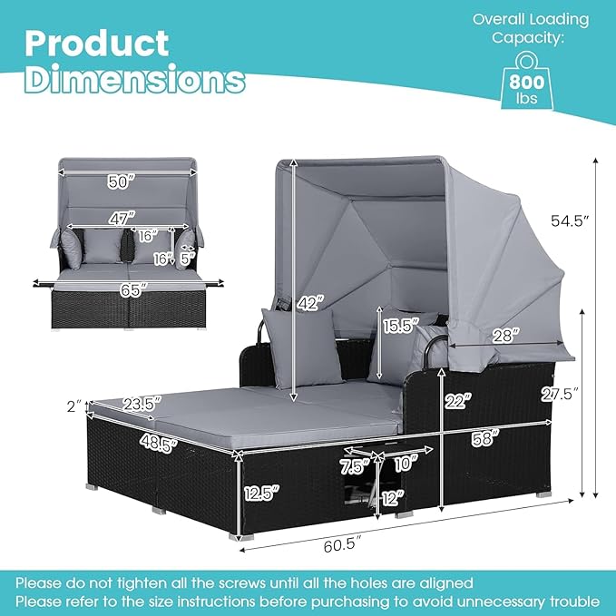 COSTWAY Outdoor Daybed with Retractable Canopy, Wicker Patio Furniture Set wi...