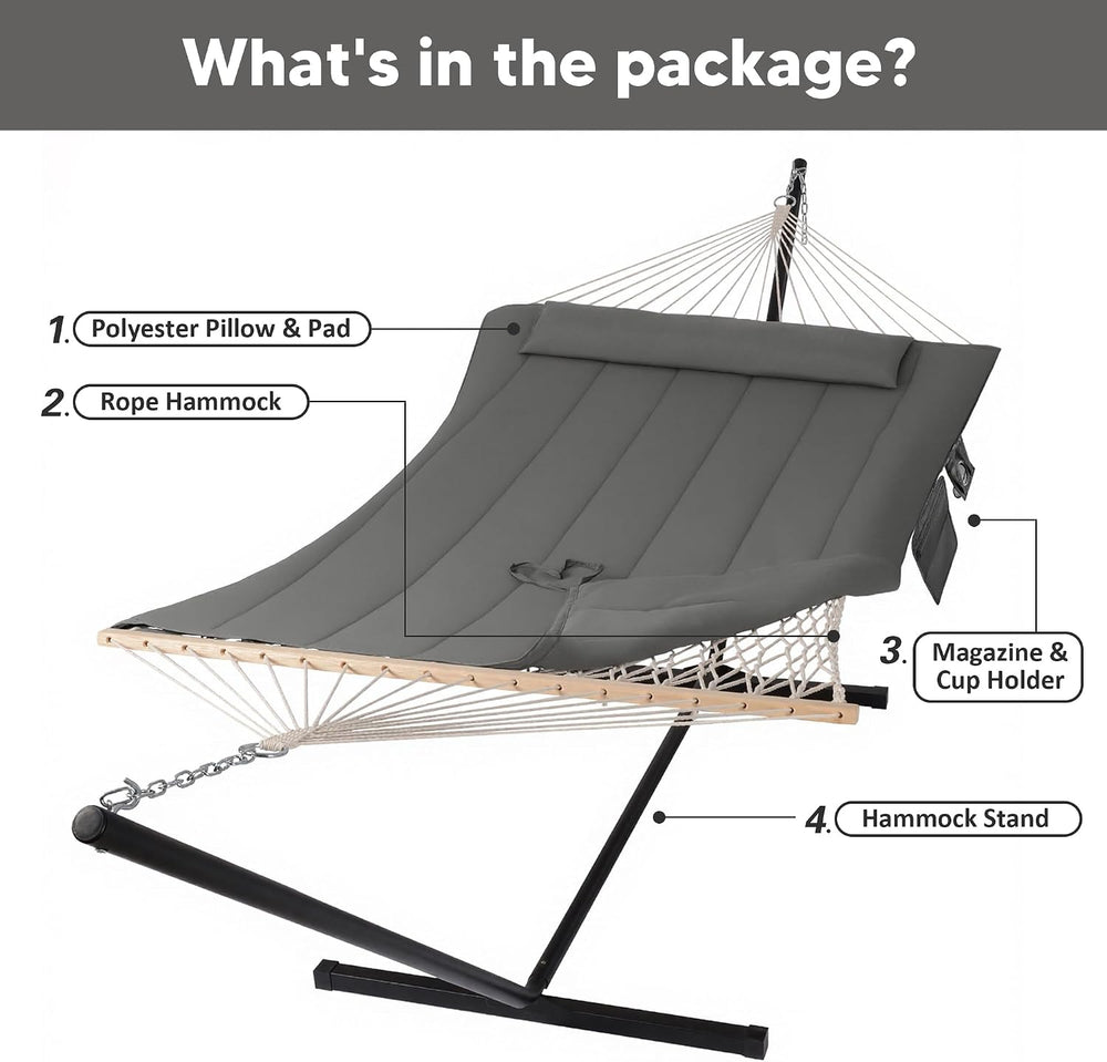 Double Outdoor Hammock with Stand, Carrying Bag, Dark Gray