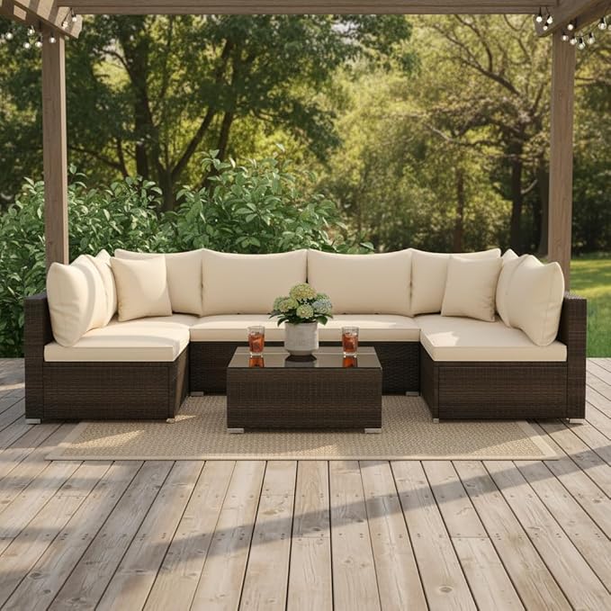Tangkula 7 Pieces Wicker Patio Furniture Set, All-Weather Outdoor Rattan Sect...