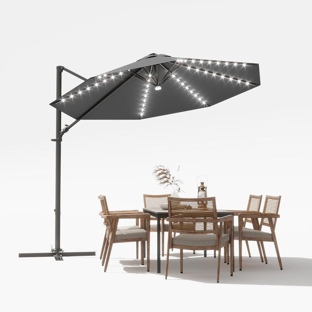 Devoko 10ft Solar LED Patio Umbrella, Round Cantilever Outdoor Umbrella with ...