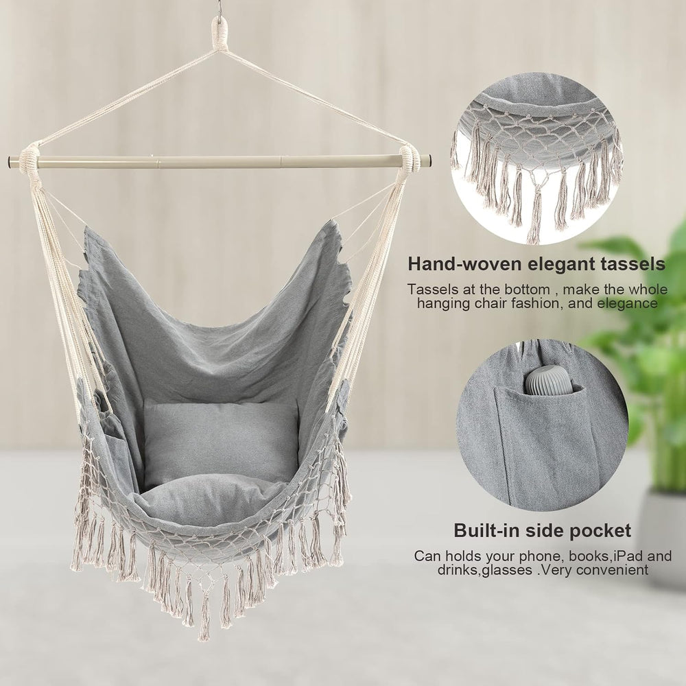 Hammock Chair, Hanging Rope Swing Seat with 2 Cushions,Macrame Hanging Chair ...