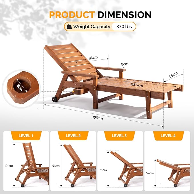 VINGLI Outdoor Chaise Lounge Chair, Wooden Patio Lounger Chair with Adjustabl...