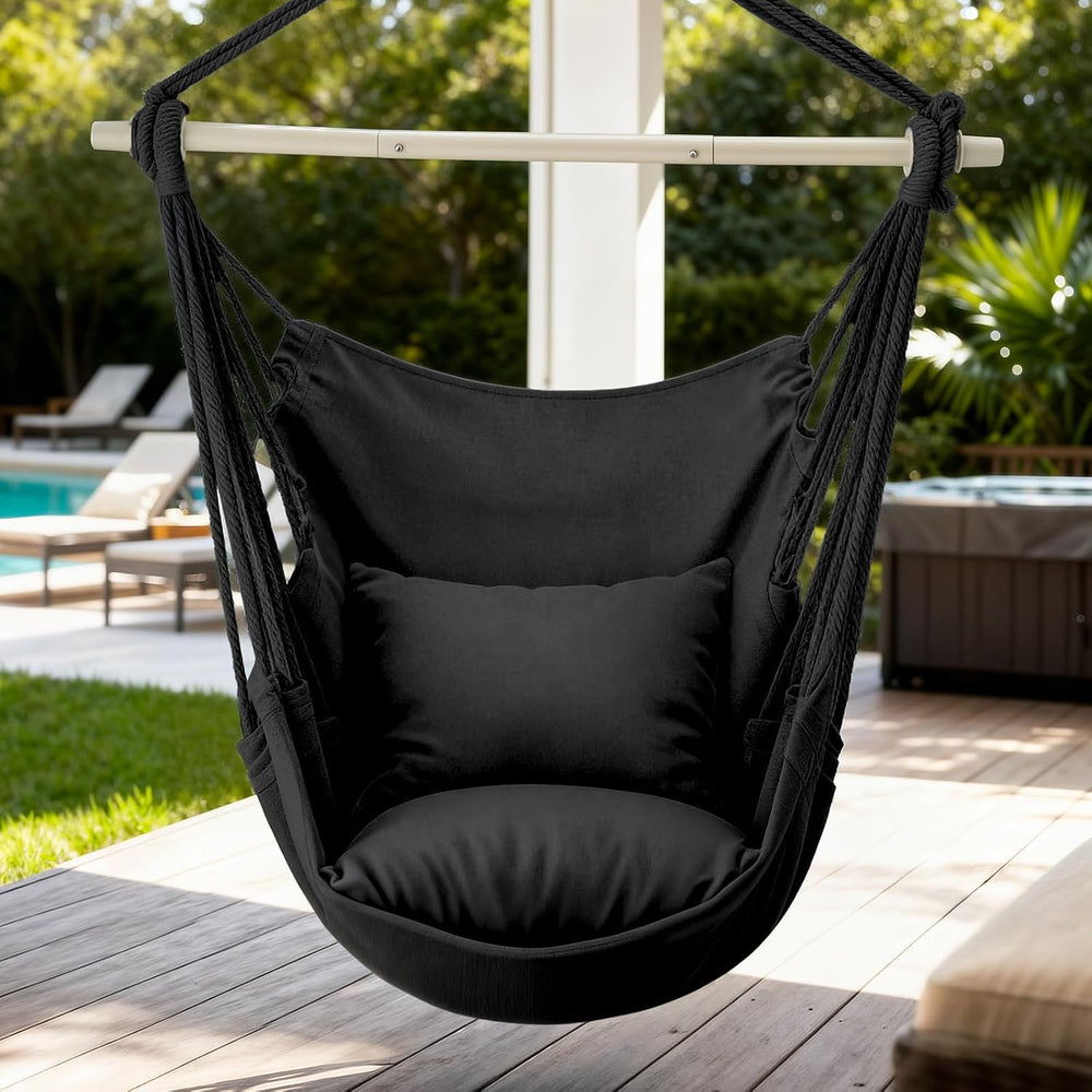 Hammock Chair Hanging Rope Swing w/2 Cushions, Hold 350lbs, Black