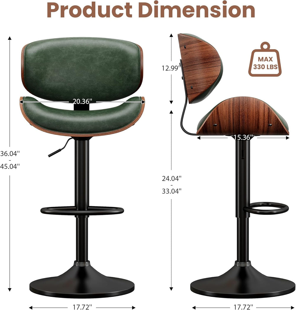 YaFiti Adjustable Bentwood Swivel Bar Stools Set of 2, Green