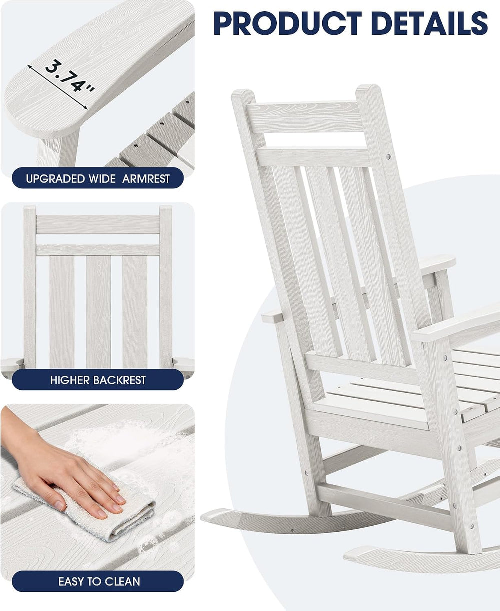 KINGYES Oversized Outdoor Rocking Chair Set of 2, HDPE Patio Rockers, White