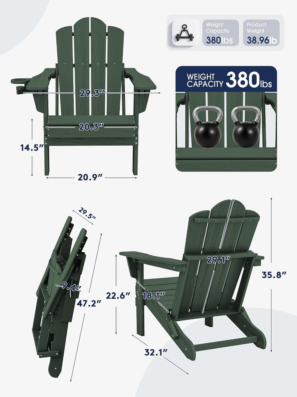 Adjustable Adirondack Chairs Set of 4, Folding Outdoor Chair, Green