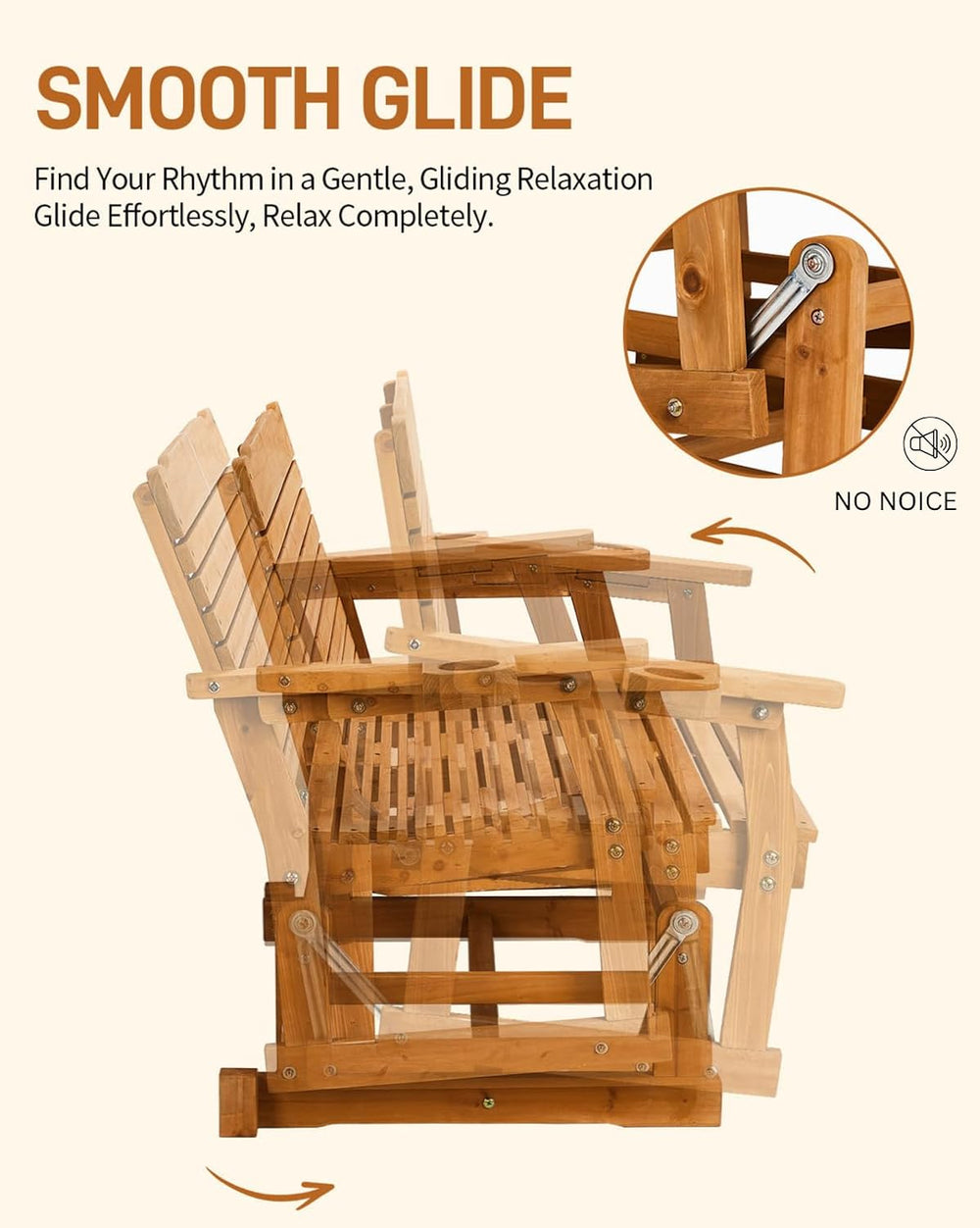 Patio Glider with Cup Holders, Wooden Outdoor Glider Bench with High Roll Bac...