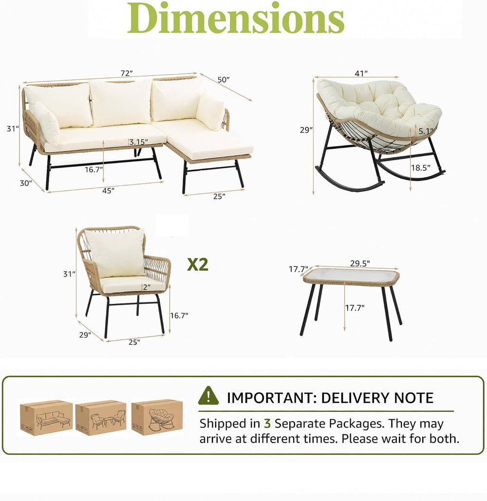 RADIATA 6 Pcs Boho Outdoor Sectional Sofa Set, Beige Outdoor Seating