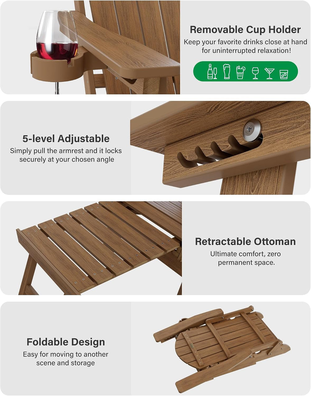 YEFU Adjustable Adirondack Chair with Footrest,All-Weather, Set of 2,Walnut