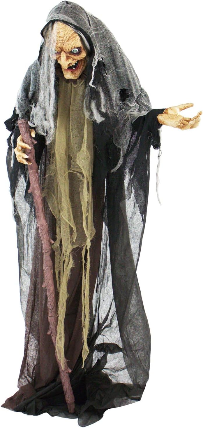 Haunted Hill Farm Life-Size Scary Poseable Talking Witch, Halloween Animatron...