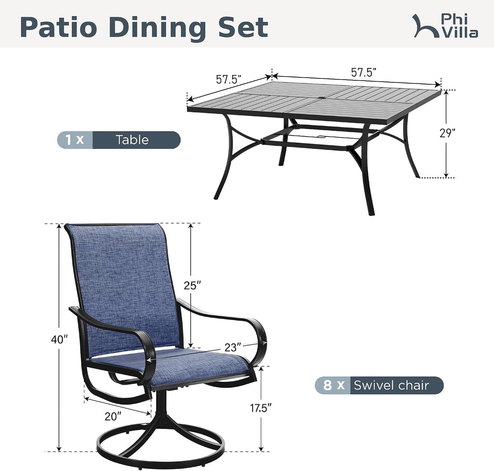 PHI VILLA Outdoor Dining Set for 8, Swivel Mesh Chairs & Square Table, Blue
