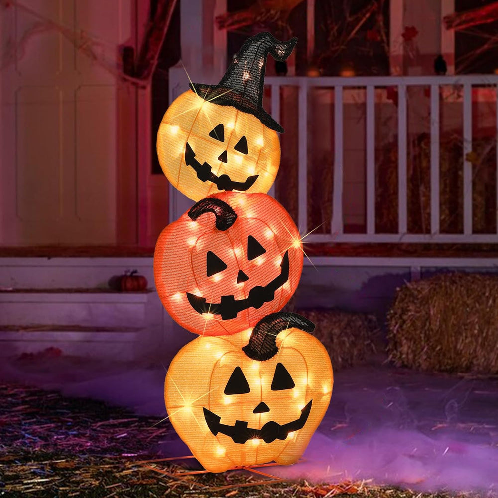 Halloween Lighted Stacked Pumpkins Decoration, Pre-Lit with 50 Warm White Lig...