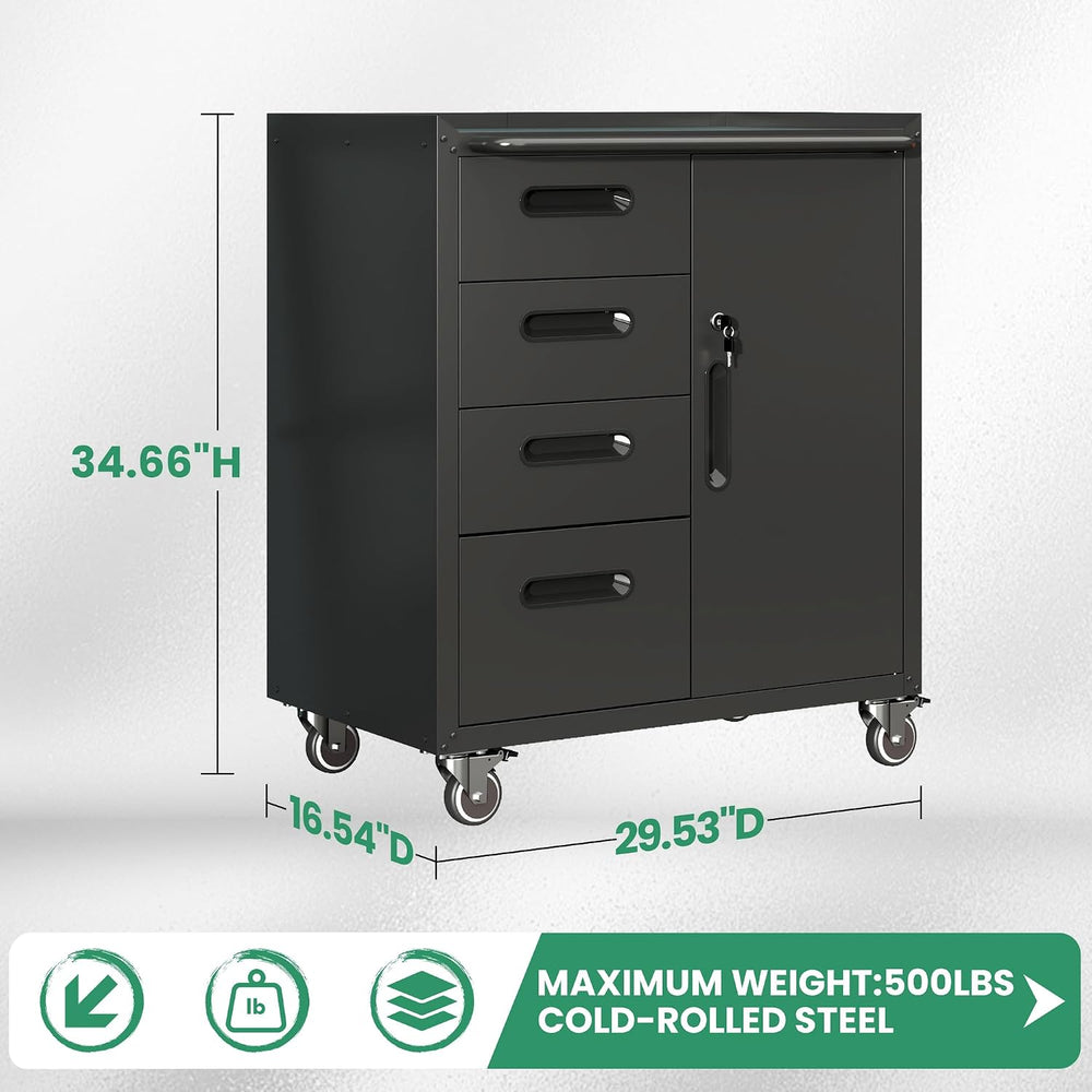 Garage Cabinets,Metal Garage Storage Cabinet with Wheels,Black Lockable Rolli...