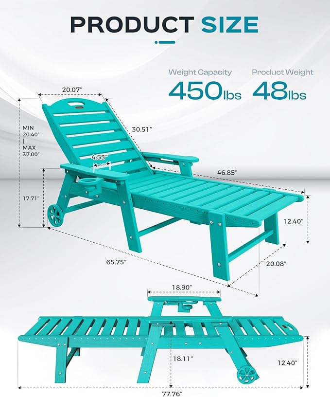 Lounge Chair Outdoor, Oversized Chaise Lounge Chair with 5 Positions, HDPE, P...