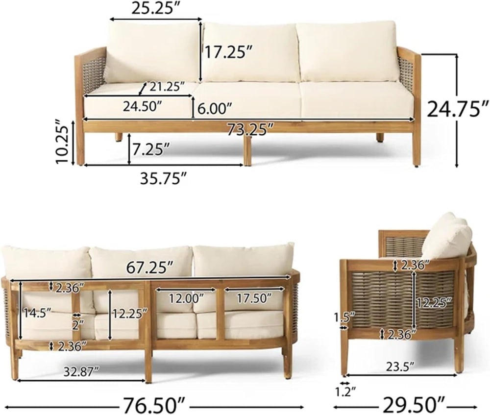 Merax 76.5" Outdoor Acacia Wood Wicker 3 Seater Sofa, Patio Furniture Co...