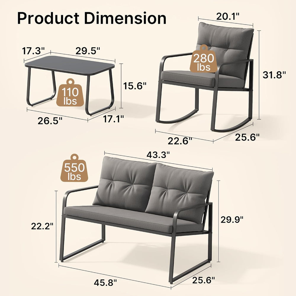 Gizoon 4 Piece Outdoor Rocking Conversation Set, Cushion-Grey
