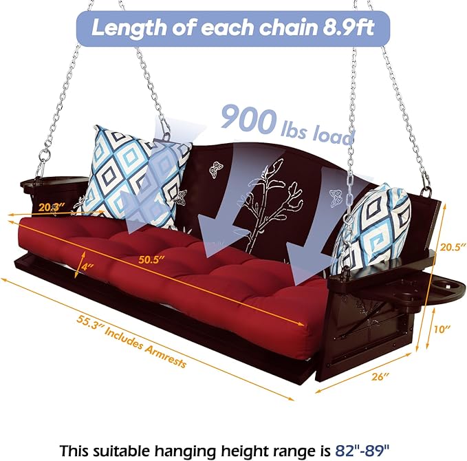 3-Seat Metal Porch Swing 900 LBS Heavy Duty Hanging Bench with Upgraded Tray ...