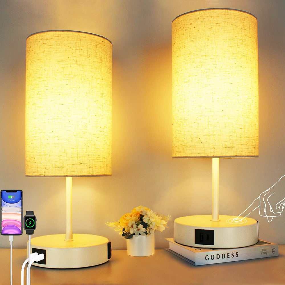 HiBay 2-Set Touch 3-Way Dimmable Table Lamps with Charging Station, White