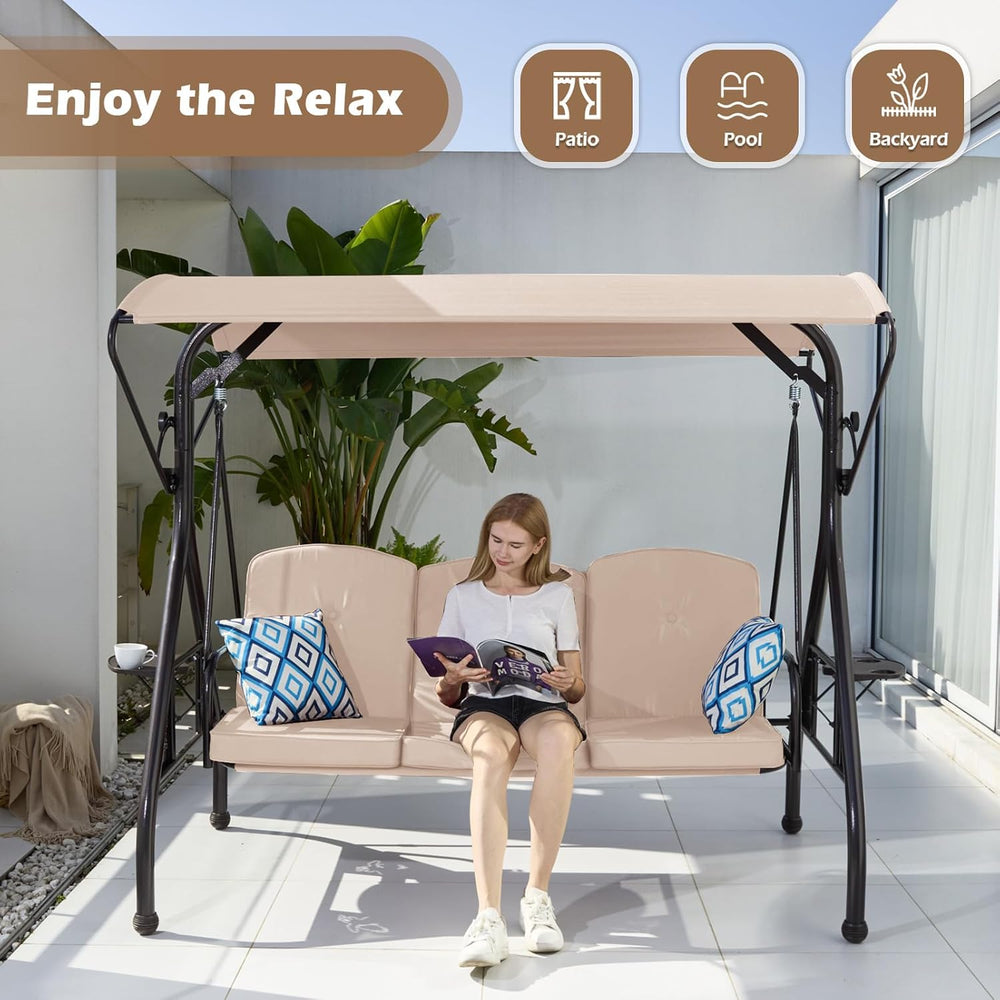 ZZW 800LBS Patio Swing with Canopy 3 Seat Outdoor Porch Swing with Stand w/Cu...