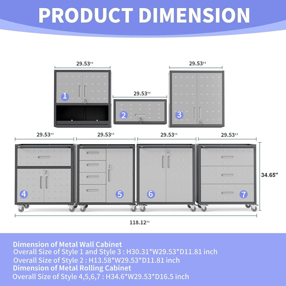 Garage Storage Cabinet System 7pcs Heavy Duty Workshop Set Wall Cabinet Locka...